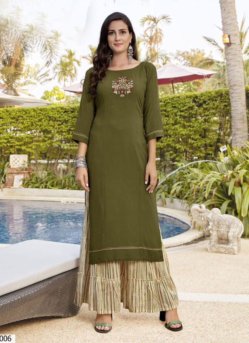 Rose Heavy Rayon Embroidery And Hand Work Kurti With Rayon Print Sharara Designer Collection 8001-8006